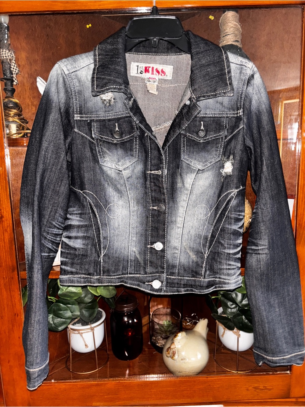 1st Kiss Medium ptp:18 length:19 Skull crochet Women's Black Washed Denim Jacket